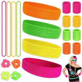 BNGXR Neon Sweatbands Set, 20 Pieces 80s Retro Headband Sweatband Sports Headband Colourful Sweatband Men Women Sports Bracelet Pink Green Orange Yellow Bracelet Set for Retro Party