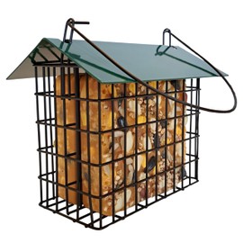 Backyard Essentials Double Suet Feeder with Green Metal Roof, Holds 2 Suet Cakes, Hanging Bird Feeder for Woodpeckers, Blue Jays, Chickadees, Nuthatches