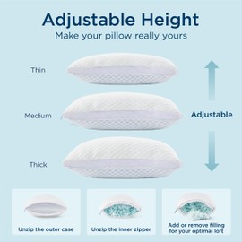 Bedsure Shredded Memory Foam Pillow - Firm Side Sleeper Pillows, Premium Rayon Derived from Bamboo Cooling Pillow with Adjustable Loft and Washable Zipper Cover (White & Blue, Queen (Pack of 2))