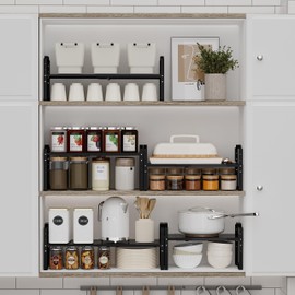 Jojocross Expandable Shelf for Cabinet Organizer Adjustable Stackable Spice Rack at Kitchen and Bathroom More, Counter Countertop Cupboard Organization Pantry Storage(MEDIUM/1PACK/BLACK)