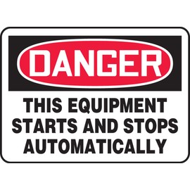 Accuform MEQM087VP Plastic Safety Sign, "Danger This Equipment Starts and Stops Automatically", 7" Length x 10" Width x 0.055" Thickness, Red/Black on White