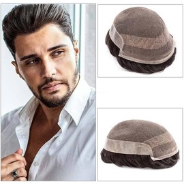 Tupé for hombre con encaje frontal francés y piel sintética suave en la parte posterior. Prótesis capilar masculina.(7x9)