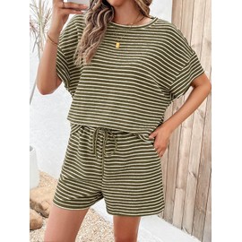 Tankaneo Womens Pajamas 2 Piece Lounge Sets Striped Short Sleeve T Shirts Drawstring Shorts Matching Set Army Green