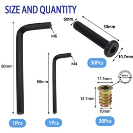 Nihfien 30 Sets M6 x 30mm Furniture Screw, M6 x 15mm Inserts Nut Bolt Fastener Connector with Hex Socket Drive Threaded Wood Inserts for Furniture Woodworking