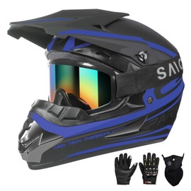 Youth Kids Motocross Helmet, Adult ATV Dirt Bike Helmet, Off-Road BMX 4-Wheeler Full Face Motorcycle Helmet W/Goggles Gloves & Mask, DOT Approved, Purple Blue, L