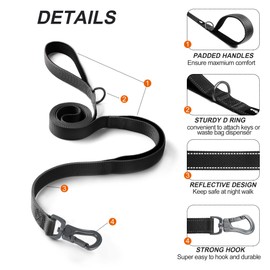 TwoEar 6FT 1IN Strong Black Dog Leash with 2 Padded Handles, Traffic Handle Extra Control, Comfortable Soft Dual Handle, Auto Lock Hook, Reflective Walking Lead for Small Medium and Large Dogs