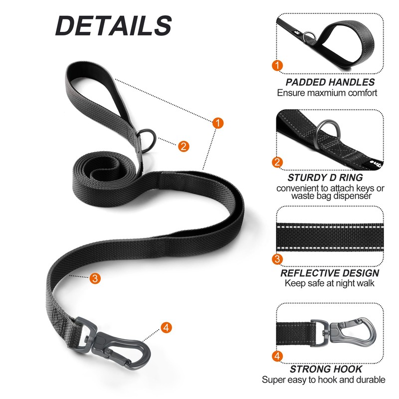 TwoEar 6FT 1IN Strong Black Dog Leash with 2 Padded