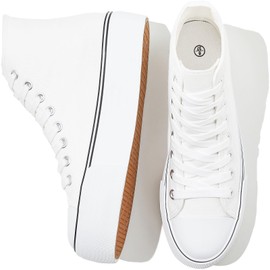 FRACORA Womens High Top Canvas Shoes White Black Platform Sneakers Lace Up Shoes for Women(White,US5)