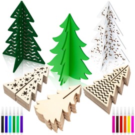 Blosssound 48 Pcs Craft Set 36 Wood Crafts 3D Cutouts with 12 Colored Markers Wooden Unfinished Slices to Paint for DIY Handmade Tiered Tray Decor (Christmas Tree)