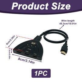 HDMI Switch 3 in 1 4K, interruttore HDMI 3 ingressi 1 uscita, selettore pulsante senza alimentazione, supporta 4K 30Hz 1080p 3D, 48cm cavo integrato per TV Monitor Proiettore Console e decoder