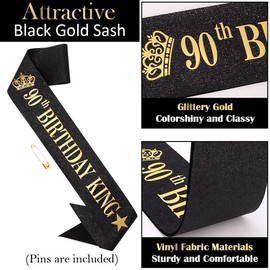 TOBATOBA 90th Birthday King Sash 90th Birthday Decorations for Men, Gold Foil Black Satin Birthday Sash for Men 90th Birthday Gift for Men 90th Birthday Party Favors Decorations