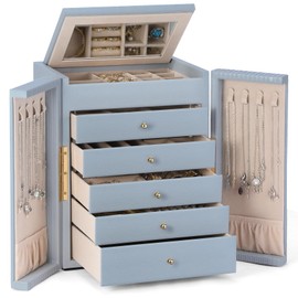 Dajasan Large Jewelry Organizer Box with Mirror, Jewelry Storage Organizer with 5 Drawers, 6-Tier Jewelry Gift Box for Women, Girls, Friends, Wife or Mother, Gift Idea (Smoky Blue)