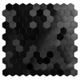 QMARK Peel and Stick Tiles for Kitchen, Self-Adhesive Metal Backsplash Tiles, 6 Pack 11" Aluminum Surface, 3D Metal Stick on Backsplash for Stove/Bathroom (Black)