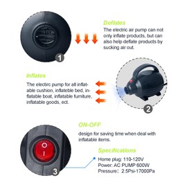 Electric Pump for Inflatables, Quick-Fill Air Mattress Pump for Air Bed Pool Toy Raft Boat, AC 110-120V Inflator,Electric Air Pump with 4 Nozzles, Black