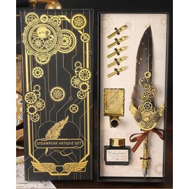 LSFCHYBY Quill Feather Pen and Ink Set,Calligraphy Set,Calligraphy Kits Include Antique Quill Feather Pen,5Nibs,1 Bottles Inks,Pen Holder for Beginners Birthday Gift (Grey)