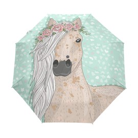 Flower Horse Umbrella for Kids Blue Fairy Tale Windproof Umbrella for Boys Girls Auto Open Close Anti-UV Umbrella