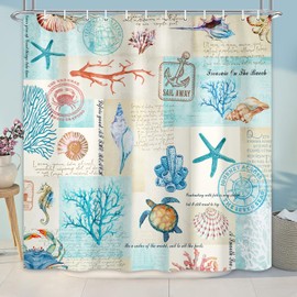 Nautical Coastal Shower Curtain, Beach Theme Shower Curtain Set for Bathroom, Vintage Sea Shell Turtle Fabric Shower Curtain Restroom Bathtub Decor Accessories with Hooks 72X 72 inch