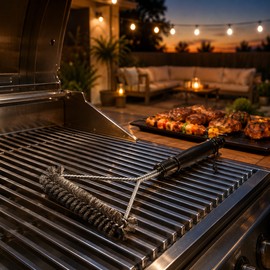 Triangular Grill Brush for BBQ Cleaning – Stainless Steel Long Handle Grate Cleaner for Outdoor Barbecue Use