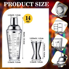 Roshtia 16 Pcs Glass Cocktail Shaker Set Martini Shaker Bulk 14 oz Clear Shaker Cup with Stainless Steel Measuring Jigger Cocktail Mixer Set Bartending Mix Drink Shaker Kit for Bar Party Home