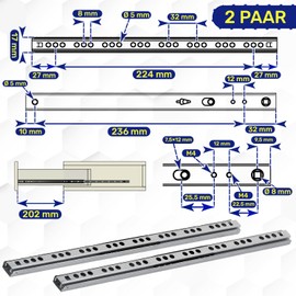 1 Pair of Ball Bearing Drawer Runners 278 mm x H 17 mm - Telescopic Extension Runners Have a Partial Extension of 202 mm - Guarantee 10 Years MONTERAL