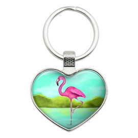 Pink Flamingo in Water Keychain Heart Love Metal Key Chain Ring