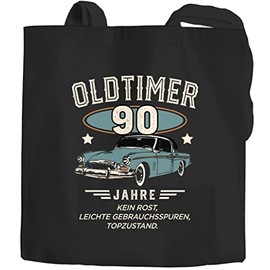 Moonworks® Jute Bag Birthday Vintage Car Vintage Style Retro Print Birthday Gift for Men 90 Years Black 2 Long Handles