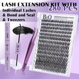 DIY Lash Extension Kit 280pcs Individual Lashes Cluster B&Q D Curl Eyelash Extension Kit Lash Clusters with Lash Bond and Seal and Lash Applicator Tool for Self Application (KIT,30D-D-9-16MIX)