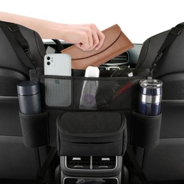 Sancaral Leather Car Seat Organizer for Handbag/Purse – Fits Between Front Seats, Holds Wallet, Phone & Essentials. Black