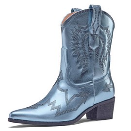 Uootopo Cowboy Boots for Women Embroidered Metallic Ankle Western Cowgirl Boots Pointed Toe Chunky Heel