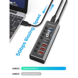 RSHTECH Aluminium USB Hub Active 3.0 with 36 W Power Supply, with 3 x Quick Charging Port, 4 x USB 3.0 Data Ports, 7-Port USB Splitter with 12 V/3 A Power Supply, for Charging and Data Transfer,