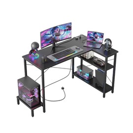 CubiCubi Small Computer Desk with Power Outlets, 40 Inch L Shaped Desk with CPU Stand & Reversible Shelves, Gaming Corner Desk Study Writing Table for Home Office Bedroom, Black