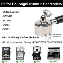 51mm Portafilter 2 Ears with Double Spout Compatible with Delonghi ECP3420/ ECP3630/ ECP3120/ EC260/ ECP35.31, Espresso Portafilter 51mm with Double Shot Capacity Cup Filter Basket and ABS Handle