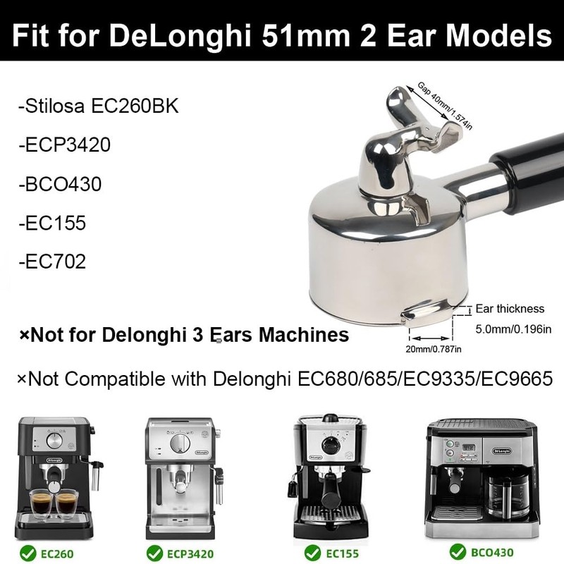 51mm Portafilter 2 Ears with Double Spout Compatible with Delonghi