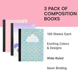 Yoobi 1-Subject 7.5 x 9.75 Composition Notebook Set – 3 Pack of Kids College Ruled & Wide Ruled Notebooks, Variety of Cute Designs – 100 Sheets Each, Great for School & Office