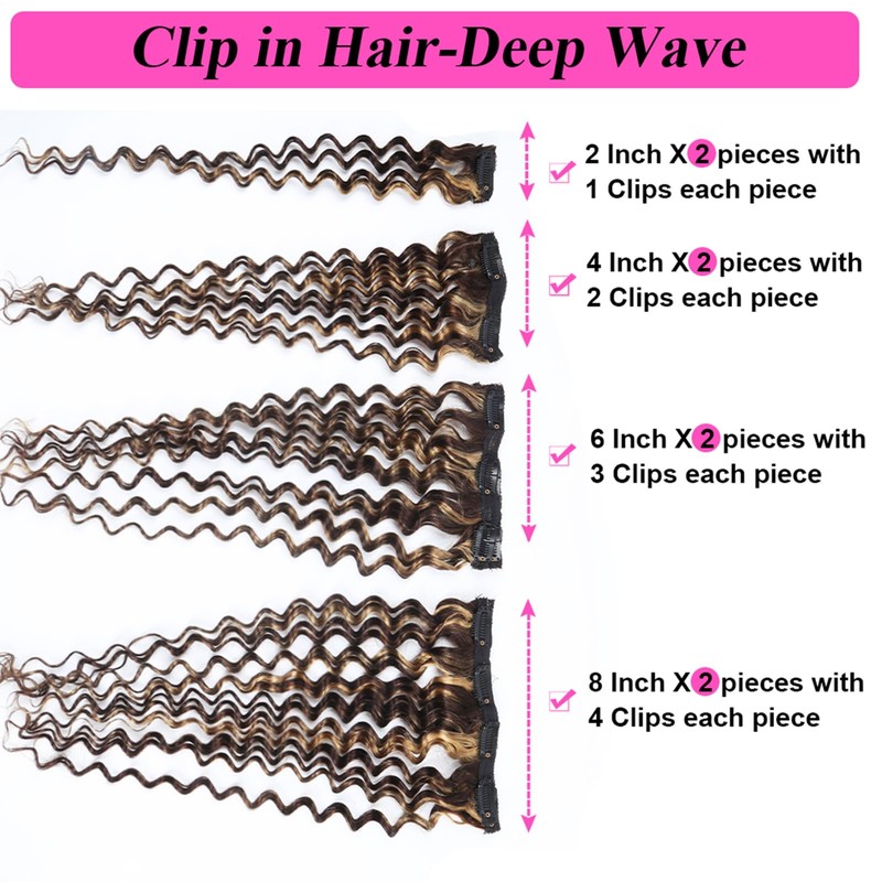 Deep Wave Clip-In Hair Extensions, Real Hair, Highlights, Glue-Free Hair