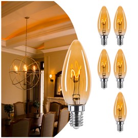 Brighfivey Amber Candelabra Bulb 25W Equivalent, 2W Ultra-Fine Filament E12 Base Candelabra LED Light Bulb, Dimmable Amber LED Bulbs 2000k Soft Warm, Candle Chandelier Light Bulbs, 6 Pack