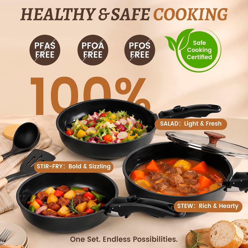 20-Piece Ceramic Nonstick Cookware Set | Detachable Handle, Stackable for