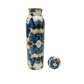 Pure Copper Water Bottle 1 Liter / 34 Oz Extra Large Ayurvedic Drinking Vessel Printed Drinking Water Bottle Health Benefits , yoga , Sport Birthday gift , Wedding Gift Items Blue Butterfly