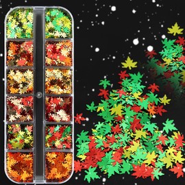 Fall Nail Art Glitter Maple Leave Nail Sequin Glitter Autumn Nail Supplies Holographic Yellow Green Red Maple Leaf Design Thanksgiving Nail Art Decoration for Women Girls Kids