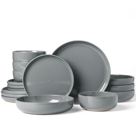 Famiware Milkyway Stoneware Dinnerware Sets with Pasta Bowls, Service for 4 (16 Pieces), Plates and Bowls Sets -Scratch Resistant, Microwave and Dishwasher Safe Dishes Set, Dark Gray
