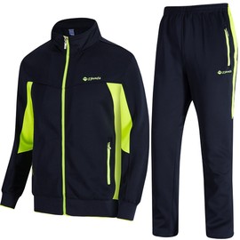 TBMPOY - Chándal para hombre con 2 piezas, estilo casual, atlético, para correr, calentamiento, con cierre completa, 01 Azul marino+verde fluorescente, Small