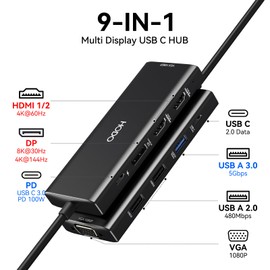 USB C Hub Docking Station Dual Monitor, Laptop Docking Stations 3 Monitors Quad Display, 9 in 1 USBC Multiport Adapter with 2 HDMI 4K+ DP 8K+VGA+4 USB+PD, USB-C Dock Dongle for Dell/HP/Lenovo/Surface