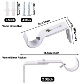 Adjustable Curtain Pole Holder, Pack of 2, Adjustable Wall Bracket, Curtain Rod Holder, Wall Mount Curtain Rod Holder, with Screws, for Bedroom, Closet, White