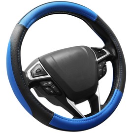 SEG Direct Car Steering Wheel Cover for F-150 Tundra Range Rover 15.5-16 inch, Black and Blue Microfiber Leather