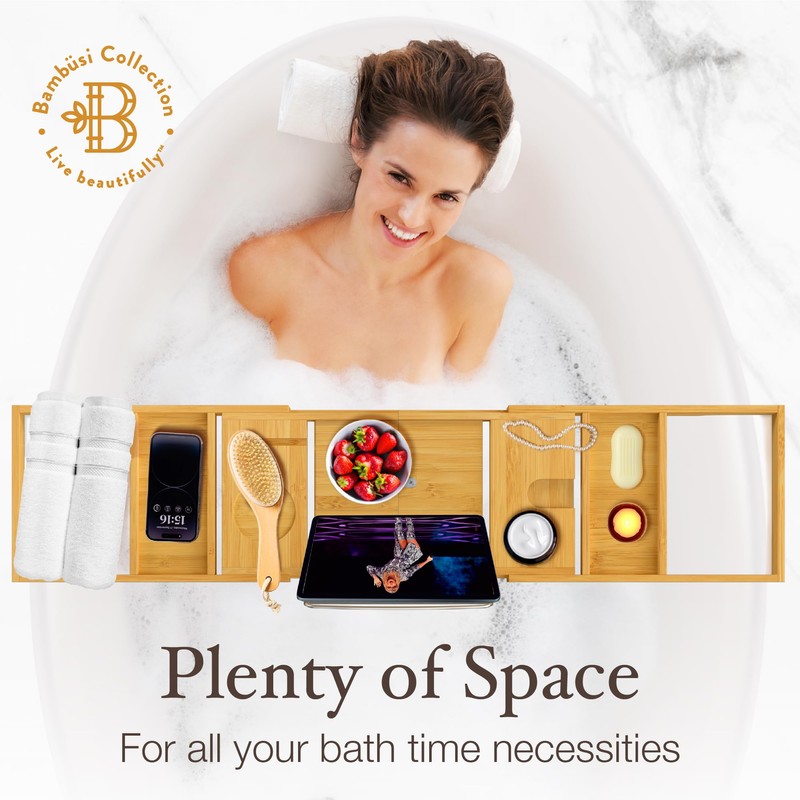 Wooden Bathtub Tray - Foldable Expandable Bamboo Bath Tray for