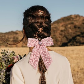 Pearl Bow Barrette Hair Clip, Pearl Bow Barrette, Spring clip minimalist hair accessory, for Wedding, Birthday, Party (Pink, One size)