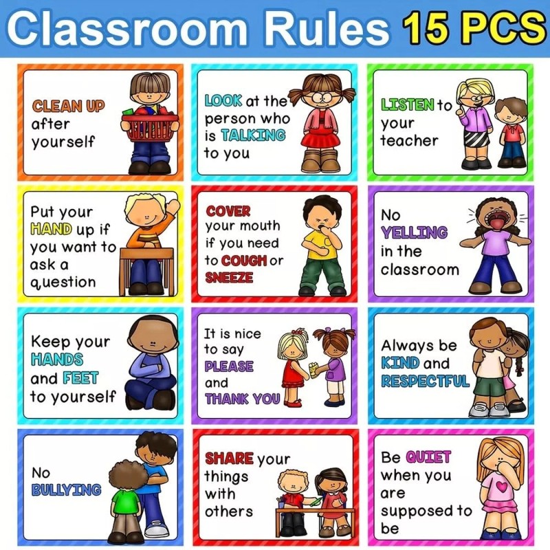 Richardy 15Pcs A4 Classroom Rules Educational Posters for Preschool, Home,