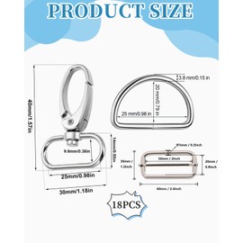BPTRKOM Pack of 18 Bag Accessories Buckles - Bag Accessories for Sewing, Snap Hook for Bags, D-Rings Sliding Buckle, Swivel Key Ring Closure, Swivel, 360° Rotatable Snap Hook