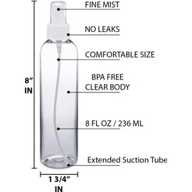 BRIGHTFROM Fine Mist Spray Bottles 8 OZ, Empty Refillable Containers - Essential Oils, Disinfectant Spray, Water 2 PACK (Clear, White Mist)