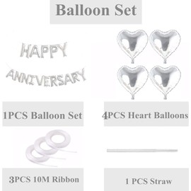 Elicola HAPPY ANNIVERSARY Ballons Banner Bunting Heart Balloons Heart Bunting Banner and 24 PCS Latex Ballonns for Wedding Anniversary Love Party and Anniversary Event Party Decoration Silver